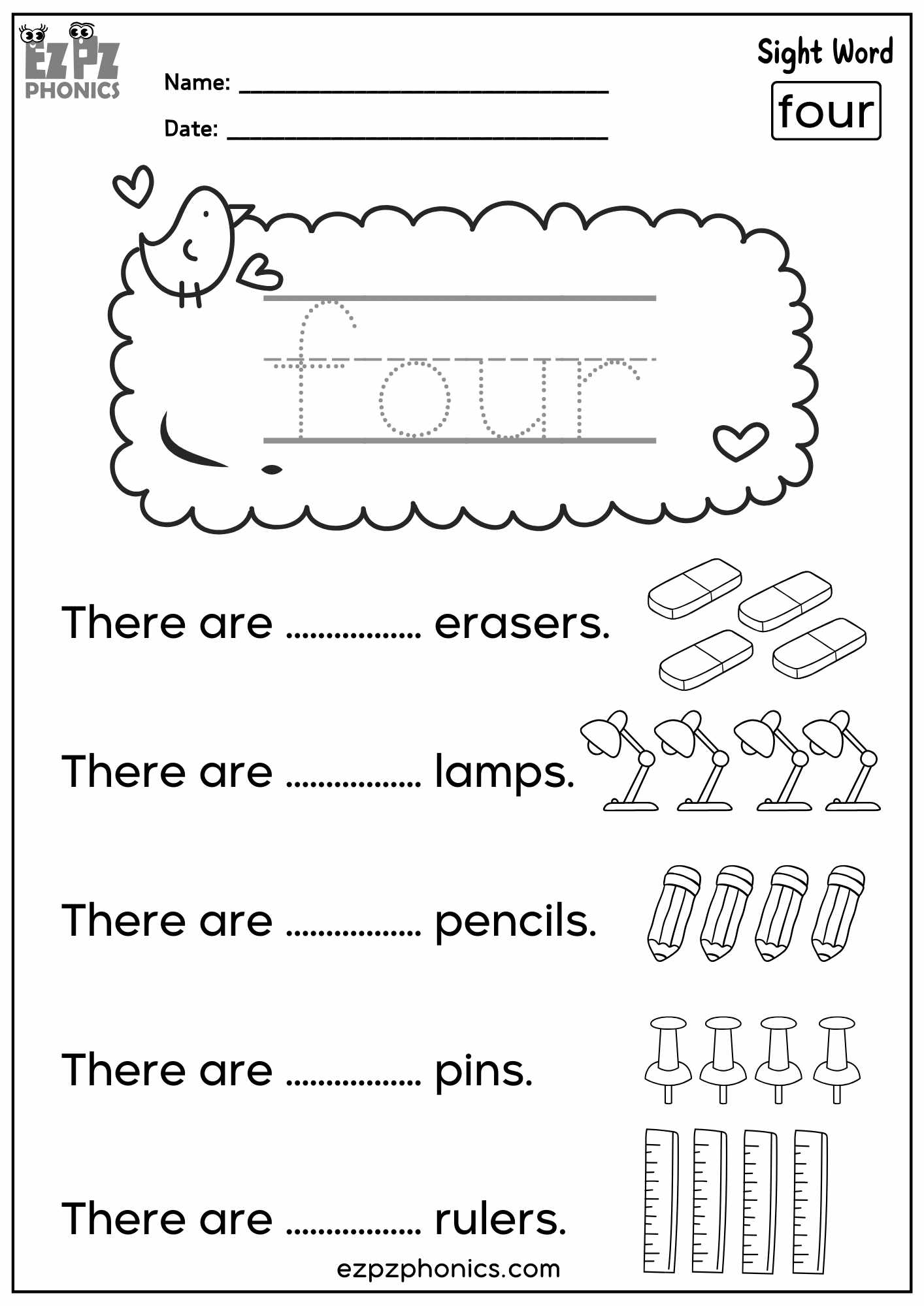 “Four” Sight Word Sentences – Fun Dolch Sight Words Practice for Kindergarten & First Grade - PDF Download
